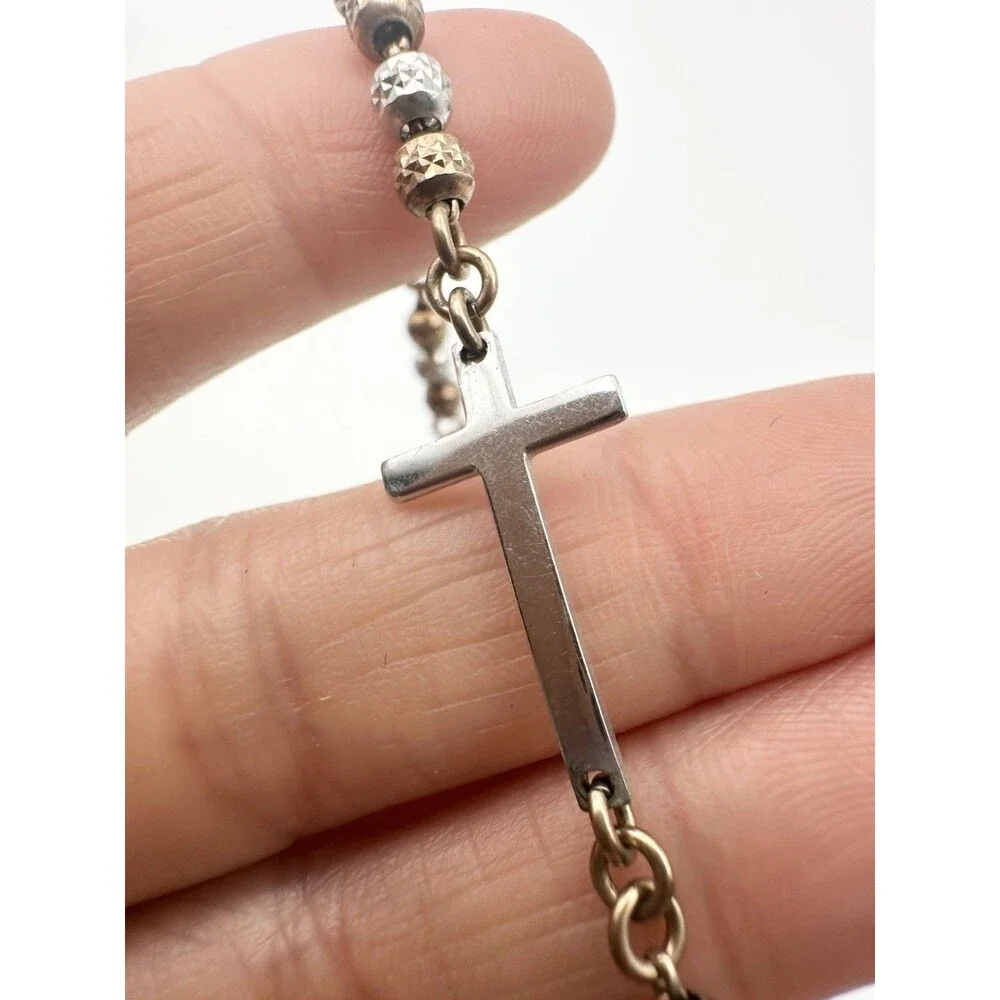 Dyadema Sterling Silver Rose Gold Hammered Bead Cross Charm Bracelet 7.75”